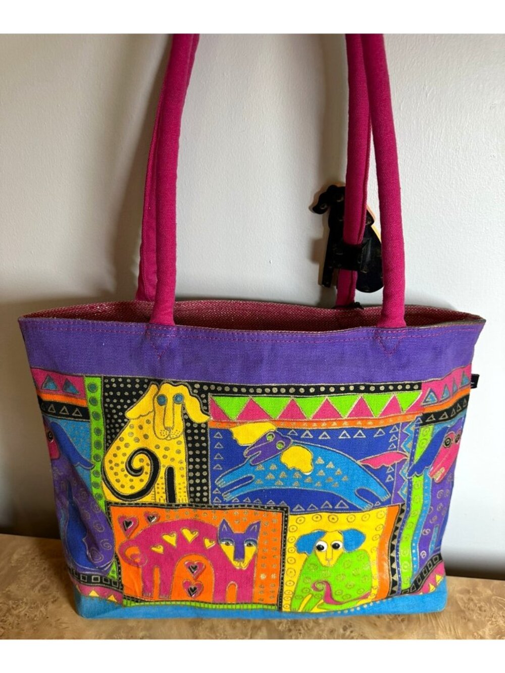 Laurel Burch Colorful Dog Canvas Tote Bag Large Zip Top Shoulder Bag w/ Charms - Picture 4 of 8
